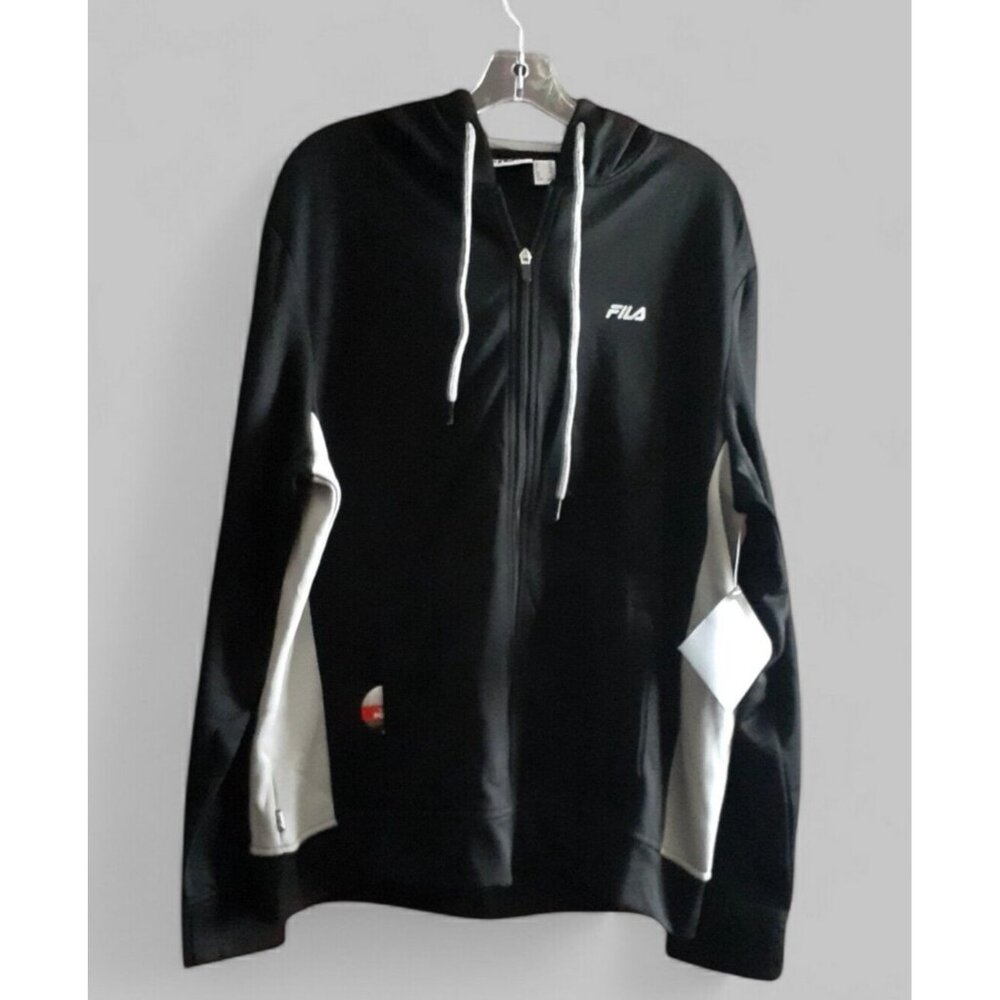 Fila Track Jacket Sports Jersey Zip Front Color Block Black Gray Hooded Workout